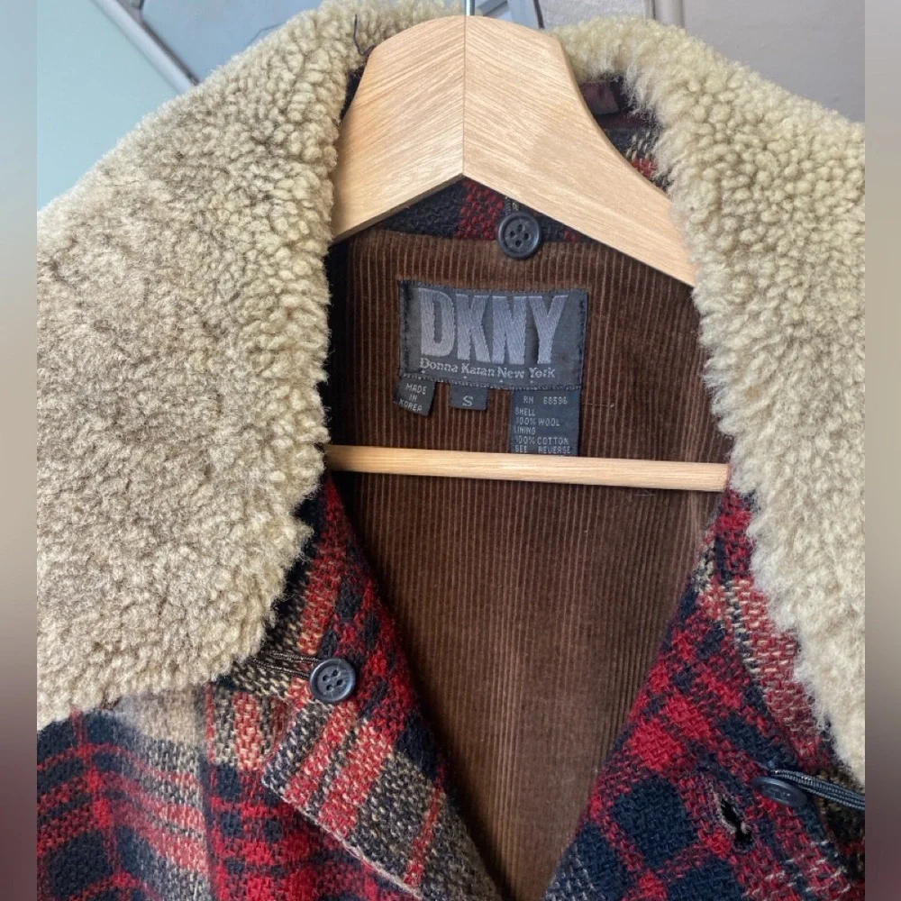 DKNY Donna Karan New York 100% Wool Plaid Coat Corduroy Removable Collar Small